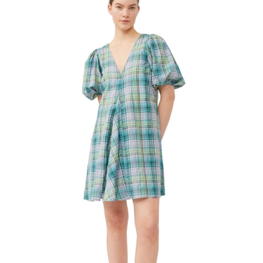 Ganni Seersucker Check V-Neck Dress